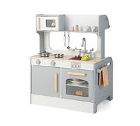 Maxmass Wooden Kids Play Kitchen, 2-in-1 Double Sided Pretend Kitchen with Sink, Oven, Stove, Towel Rack and Storage Cabinet, Toddlers Cooking Role Playset for 3+ Year Old (Grey)