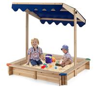 Maxmass Wooden Kids Sandbox, 120x120cm Children Sandpit with Adjustable Canopy, Bench Seats, Protective Corners, Outdoor Sand Box Square Sand Pit for Garden Backyard