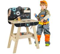 Maxmass Wooden Kids Workbench, Toddler Tool Bench with Rich Tools & Parts, Chalkboard, Storage Shelf, Educational Construction Tools Set Pretend Play Tool Workshop (Natural+Black, 50x30x74cm)