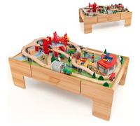 Maxmass Wooden Train Tack Set, 2-in-1 Kids Train Play Table with 100 PCS Toy Set, Reversible Tabletop and Storage Drawer, Children Railway Playset for 3+ Years Old Boys Girls
