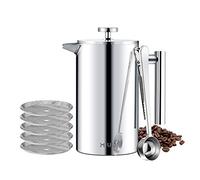 MaxMiuly French Press 1L/8 Cup Cafetiere Stainless Steel Coffee Press Double Wall Sliver Coffee Maker Insulated Coffee Pot with 8 Additional Coffee Set