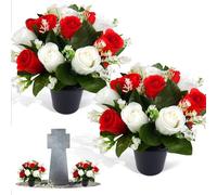 Maxmoc 2 Pcs Artificial Flowers for Graves,25cm Grave Flower Pots,Christmas Cemetery Flowers Decoration with 12 Head Roses for Cemetery Funeral Memorial Outdoor Graveside Decoration(Red & White)