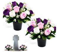 Maxmoc 2 Pcs Artificial Flowers for Graves,25cm Grave Flower Pots,Christmas Cemetery Flowers Decoration with 12 Head Roses for Cemetery Funeral Memorial Outdoor Graveside Decoration (White + Purple)