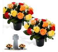 Maxmoc 2 Pcs Artificial Flowers for Graves,25cm Grave Flower Pots,Christmas Cemetery Flowers Decoration with 12 Head Roses for Cemetery Funeral Memorial Outdoor Graveside Decoration (Orange + Red)