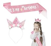 Maxmoc Birthday Girl Headband Glitter Sash Set,4th Birthday Girl Crown,2pcs Birthday's Decorations for Girls, Flower Princess Crown Hairband for Children's Party (4 Years Old)