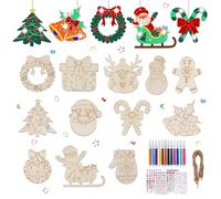 Maxmoc Wooden Christmas Ornaments, 24pcs Unfinished Wooden Baubles Hanging Ornaments with 12pcs Color Pens, 4 Sheets Rhinestone Stickers, Twine, Wood Slice for DIY Crafts Christmas Tree Decoration