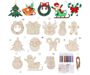 Maxmoc Wooden Christmas Ornaments, 24pcs Unfinished Wooden Baubles Hanging Ornaments with 12pcs Color Pens, 4 Sheets Rhinestone Stickers, Twine, Wood Slice for DIY Crafts Christmas Tree Decoration