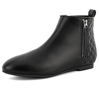MaxMuxun Women Shoes Casual Classic Zip Up Plaid Ankle Boots Black PU Flat Round Toe Walking Boots Work Bootie 6 UK