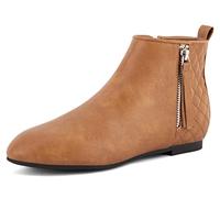 MaxMuxun Women Shoes Casual Classic Zip Up Plaid Ankle Boots Camel PU Flat Round Toe Walking Boots Work Bootie 6 UK