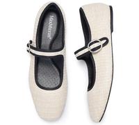 MaxMuxun Women's Mary Jane Flats Square Toe Comfortable Shoes,Breathable Woven Flats for Women Apricot Raffia Size 4