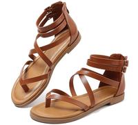 Maxome Sandals Womens Summer Gladiator Sandals Flat Sandals Ladies Thong Cross Strappy Sandals Back Zipper Roman Sandals Comfy Soft Footbed Open Toe Causal Beach Sandals Boho Sandals
