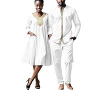 MaxPick African Matching Outfit for Couples Women Appliques Print Dresses Bazin Riche Men Ankara Top Shirt and Pant Sets, Tr5, Large