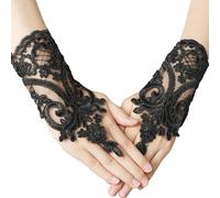 MAXQUU Women's Short Fingerless Lace Gloves, Embroidered Bridal Wrist Gloves for Masquerade, Bridal Party, Halloween (Black)