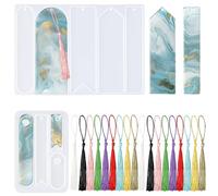 Maxqzin 2 Sets/9 Pcs Bookmark Epoxy Resin Mold, Resin Bookmark Moulds with 20 Pcs Colorful Tassels Silicone Resin Moulds for Crafting DIY Book Accessory Craft Jewelry Making Tool