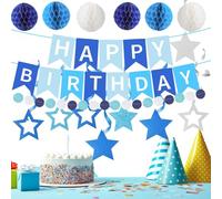 Maxqzin Blue Happy Birthday Party Decorations for Men, Navy Blue Silver Birthday Banner for Men, Honeycomb Balls Swirls Garland Party Supplies