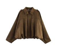 MAXRYEJVJ Women's Faux Suede Bomber Jacket Spring Lapel Pilot Coat Casual Oversized Long Sleeves Trendy Streetwear Outerwear,Brown-L