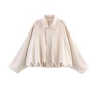MAXRYEJVJ Women's Faux Suede Bomber Jacket Spring Lapel Pilot Coat Casual Oversized Long Sleeves Trendy Streetwear Outerwear,Beige-S