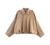 MAXRYEJVJ Women's Faux Suede Bomber Jacket Spring Lapel Pilot Coat Casual Oversized Long Sleeves Trendy Streetwear Outerwear,Khaki-S