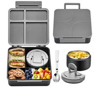 MAXSO Bento Lunch Box Set for Kids with 8 oz Soup Thermo, Leakproof Hot Food Container with 4 Compartments, Insulated Food Jar for Toddler Daycare Boys Girls School - Black