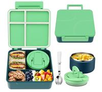 MAXSO Bento Lunch Box Set for Kids with 8 oz Soup Thermo, Leakproof Hot Food Container with 4 Compartments, Insulated Food Jar for Toddler Daycare Boys Girls School - Green
