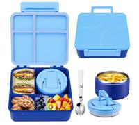 MAXSO Bento Lunch Box Set for Kids with 8 oz Soup Thermo, Leakproof Hot Food Container with 4 Compartments, Insulated Food Jar for Toddler Daycare Boys Girls School - Blue