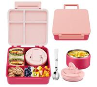 MAXSO Bento Lunch Box Set for Kids with 8 oz Soup Thermo, Leakproof Hot Food Container with 4 Compartments, Insulated Food Jar for Toddler Daycare Boys Girls School - Pink