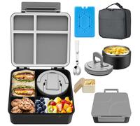 MAXSO Bento Lunch Box Set with 8 oz Soup Thermo, Kids Leakproof 4 Compartments Hot Food Container with Sauce Cup, Ice Pack and Lunch Bag, Child Insulated Food Jar for School - Black