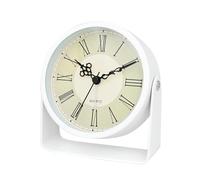 Maxspace Analog Alarm Clock - 4.5" Silent Non Ticking Small Clock with Light, Rotatable Stand Metal Desk Clock Battery Operated, Simple Design for Living Room Decor/Bedroom/Bedside/Shelf (White-Roma)