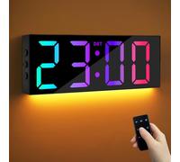Maxstar 12'' Large Digital Wall Clock with Remote Control, Big LED Screen Display, 8 RGB Color, DST, Modern Night Light Desk Clock Decor for Living Room,Bedroom,Office, Classroom, Study Room- Black