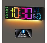 Maxstar 16.2'' Large Digital Wall Clock with Bluetooth Auto Sync, Remote Control, Alarm, LED Display, RGB Colors, Auto DST & Temperature for Classroom, Bedroom, Office, Garage-Black