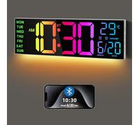 Maxstar 16.2'' Large Digital Wall Clock with Bluetooth Auto Sync, Remote Control, Alarm, LED Display, RGB Colors, Auto DST & Temperature for Classroom, Bedroom, Office, Garage-White