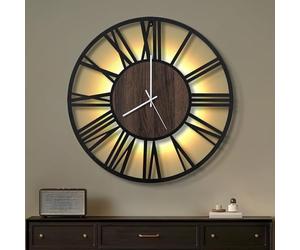 Maxstar 50CM Large Wall Clock for Living Room, Battery Operated,Silent,Non Ticking,Wood Style,Modern Led Wall Clock for Bedroom,Garage,Office,Dining Room, Kitchen Decor(Roman numerals,Black-20)