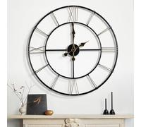 Maxstar 60cm Round Vintage Large Wall Clock,Silent Modern Metal Frame,Roman Numeral Design,Battery Operated for Living Room, Kitchen, Bedroom，Office Decor (Black-24 Inch)
