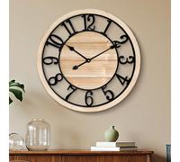 Maxstar 60cm Wall Clock For Living Room Decor, Ultra-Silent Rustic Wooden Farmhouse Wall Clock with Metal & Real Wood Frame, Battery Operated, For Kitchen Bedroom Office, Arabic Numerals