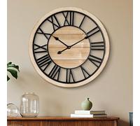 Maxstar 60cm Wall Clock For Living Room Decor, Ultra-Silent Rustic Wooden Farmhouse Wall Clock with Metal & Real Wood Frame, Battery Operated, For Kitchen Bedroom Office, Roman Numerals