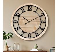 Maxstar 76cm Wall Clock For Living Room Decor, Silent Rustic Wooden Farmhouse Wall Clock with Metal & Real Wood Frame, Battery Operated, For Kitchen Bedroom Office, Arabic Numerals