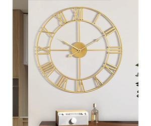 Maxstar Modern Roman Numerals Large Wall Clocks,Silent Non Ticking,Round,Metal,Vintage Wall Clock for Living Room,Kitchen,Bedrooms,Garden Decor-Golden 47cm