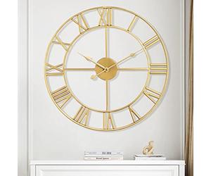 Maxstar Modern Roman Numerals Large Wall Clocks,Silent Non Ticking,Round,Metal,Vintage Wall Clock for Living Room,Kitchen,Bedrooms,Garden Decor-Golden 40cm