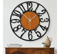 Maxstar Round Wall Clock for Living Room Decor Battery Operated Non Ticking Silent Vintage Black Metal Wood Clocks for Home Living Room Garden Farmhouse Office Kitchen Decoration-34CM
