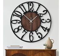 Maxstar Round Wall Clock for Living Room Decor Battery Operated Non Ticking Silent Vintage Black Metal Wood Clocks for Home Living Room Garden Farmhouse Office Kitchen Decoration-60CM