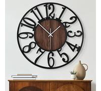 Maxstar Round Wall Clock for Living Room Decor Battery Operated Non Ticking Silent Vintage Black Metal Wood Clocks for Home Living Room Garden Farmhouse Office Kitchen Decoration-34CM