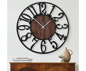 Maxstar Round Wall Clock for Living Room Decor Battery Operated Non Ticking Silent Vintage Black Metal Wood Clocks for Home Living Room Garden Farmhouse Office Kitchen Decoration-34CM