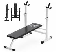MaxStrength 4 in 1 Adjustable Weight Bench with Barbell Rack-Foldable Multi-Function Bench Press Station for Home Gym, Flat Incline & Decline Training, Weightlifting & Full Body Workouts (White/Black)