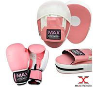 MAXSTRENGTH Boxing Focus Pad Set Womens Pink White Revenger Edition Rex Leather Boxing Gloves Boxfit Exercise 8oz 10oz 12oz 14oz 16oz (12oz)
