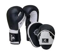 MAXSTRENGTH Boxing Gloves and Focus Pads Set, Training Gloves with Punch Mitts for Boxing, Kickboxing, MMA, Muay Thai, Sparring, Pad Work and Fitness Training, Black White, 20oz