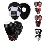 MAXSTRENGTH Boxing Gloves and Pads | Hook & Jab Strike Target Mitts | Sparring Gloves Set MMA Punch Bag Training Kit (Black With White Target, 10oz)