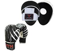 MAXSTRENGTH Curved Focus Pad and Boxing Gloves Set Hook And Jab Martial Arts Training Sparring Kickboxing Muay Thai Punching Gloves (Focus Pad + Black Boxing Gloves, 12oz)