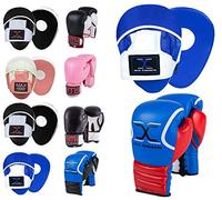 MAXSTRENGTH Leather Boxing Gloves Focus Pads Sets Kickboxing Punching Hook & Jab Strike Pads Muay Thai MMA (Leather Gloves Blue/Red with Blue/White Pad, 12oz)