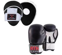 MAXSTRENGTH Leather Boxing Gloves Focus Pads Sets Kickboxing Punching Hook & Jab Strike Pads Muay Thai MMA (Leather Gloves Black/White with Black/White Pad, 8oz)