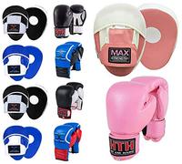 MAXSTRENGTH Leather Boxing Gloves Focus Pads Sets Kickboxing Punching Hook & Jab Strike Pads Muay Thai MMA (Leather Gloves Pink with Pink/White Pad, 12oz)